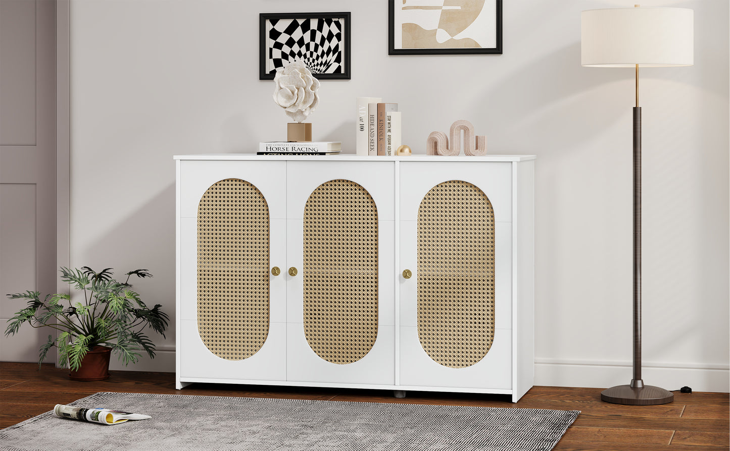 Retro 3-Door Accent Cabinet with Rattan Doors and Metal Handles for Living Room and Hallway Storage White