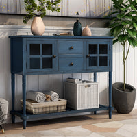 Farmhouse Antique Navy Sideboard Console Table with Bottom Shelf Wood Glass Buffet Storage Cabinet for Living Room