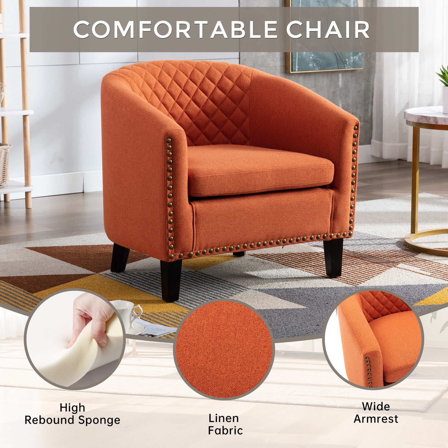 Barrel Chair with Soft Padded Armrest and Solid Wood Legs for Living Room Bedroom Waiting Room Orange Linen