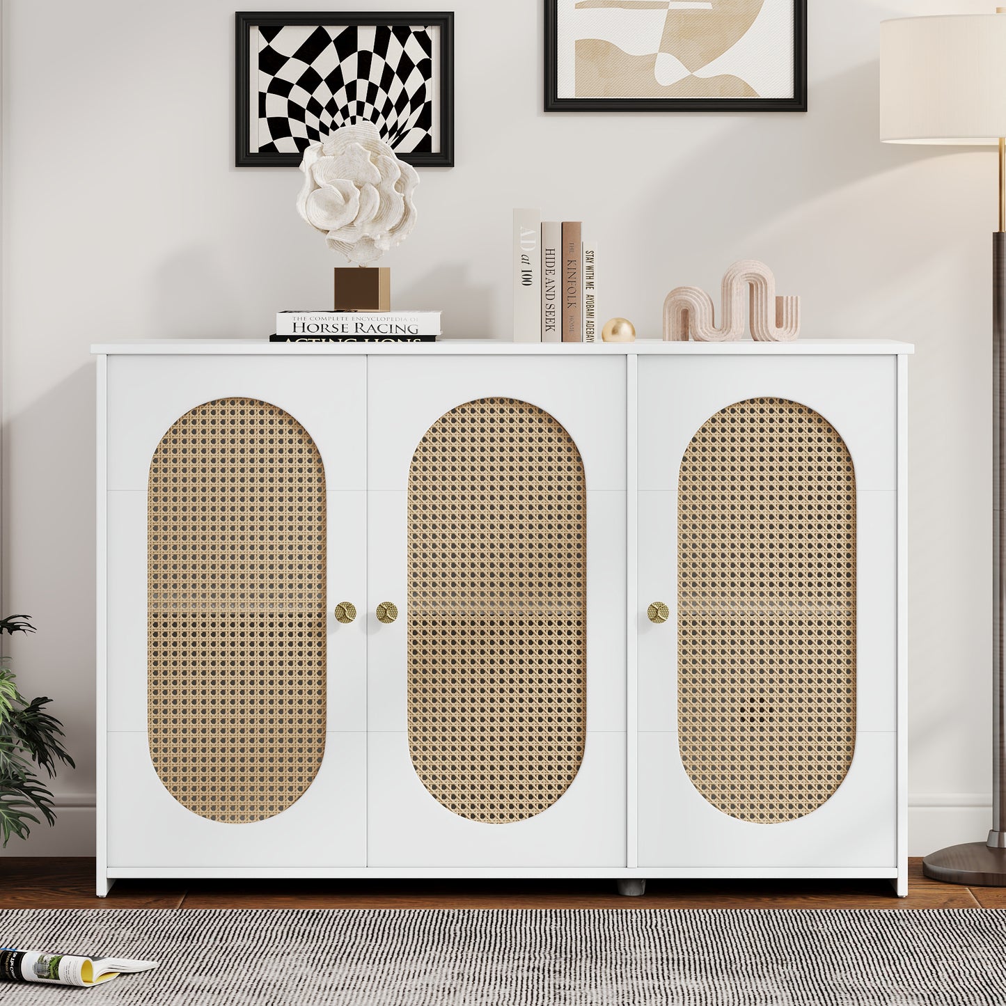 Retro 3-Door Accent Cabinet with Rattan Doors and Metal Handles for Living Room and Hallway Storage White