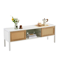 Rattan TV Cabinet with Color Changing Light Strip Double Sliding Doors Adjustable Shelf Metal Legs for Living Room White