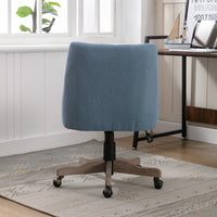 Adjustable Height Swivel Office Chair with Wheels Linen Fabric Upholstered Desk Chair Wooden Legs Navy