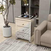 Silver Glass Nightstand with Wireless Charging and USB Ports Bedside Table for Living Room