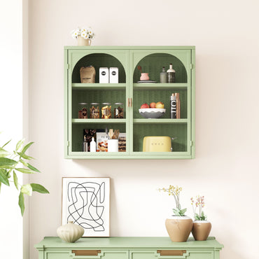 Modern Two-Door Wall Cabinet with Three-Tier Storage for Entryway Living Room Bathroom Dining Room Green Woven Pattern Design