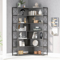 L-Shaped 7-Tier Corner Bookcase Industrial Style Metal Frame Open Storage Shelf MDF Board Home Office Furniture