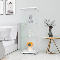 Glass Display Cabinet with 3 Shelves One-Door Curio Cabinet for Living Room Bedroom Office White Floor Standing Bookshelf Quick Installation