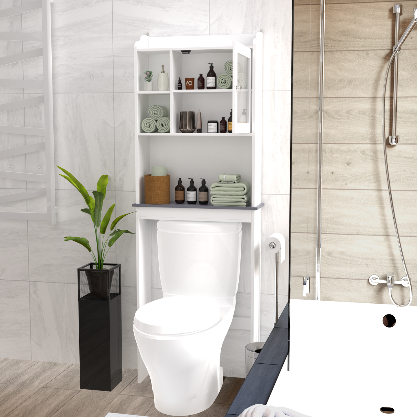 Modern Over The Toilet Space Saver Storage Cabinet - Stylish Wood Organizer for Bathroom, White