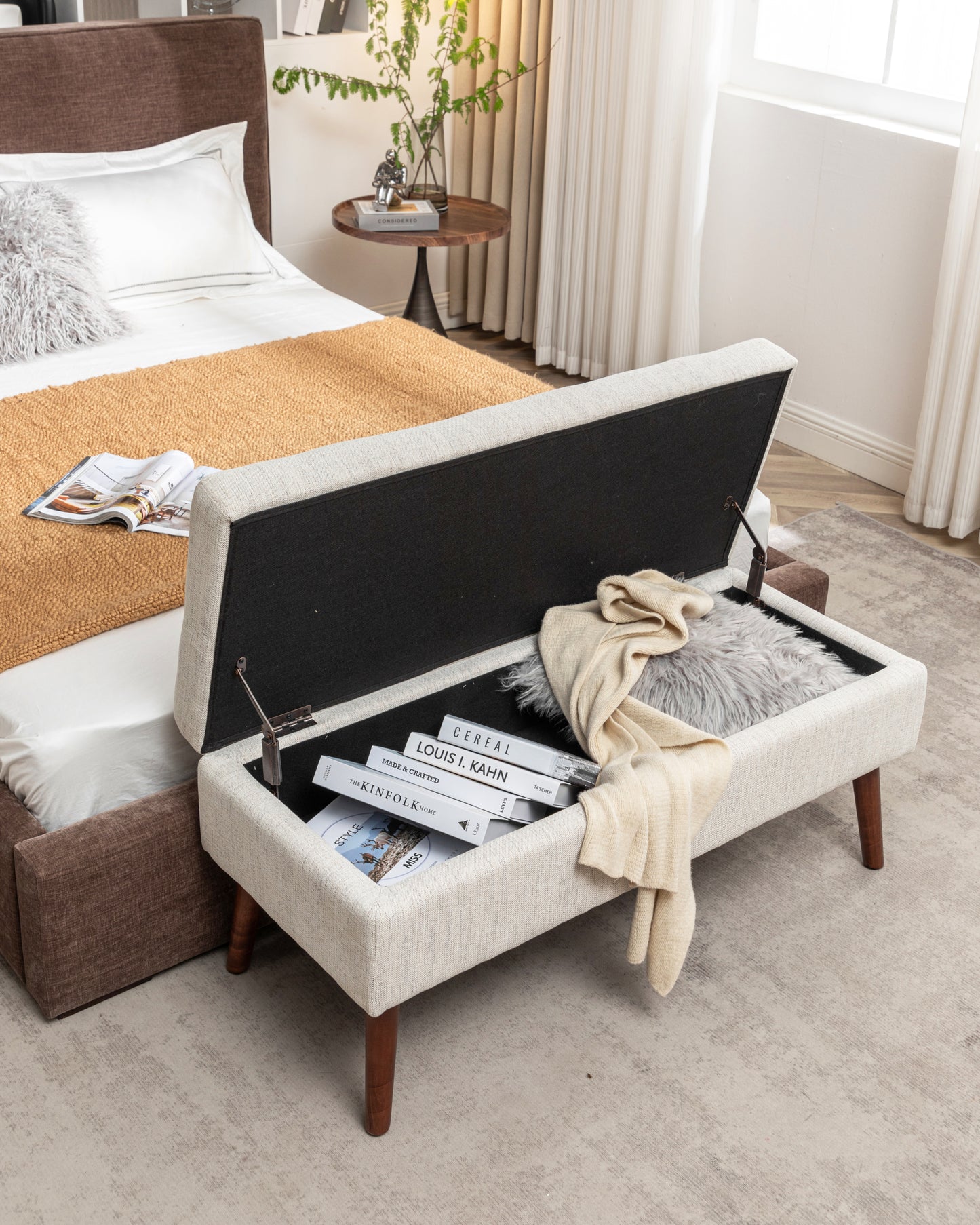 Off White Storage Bench for Bedroom or Entryway 43.7 Inch Ottoman Foot of Bed Seating Solution