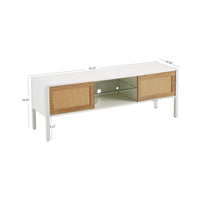 Rattan TV Cabinet with Color Changing Light Strip Double Sliding Doors Adjustable Shelf Metal Legs for Living Room White