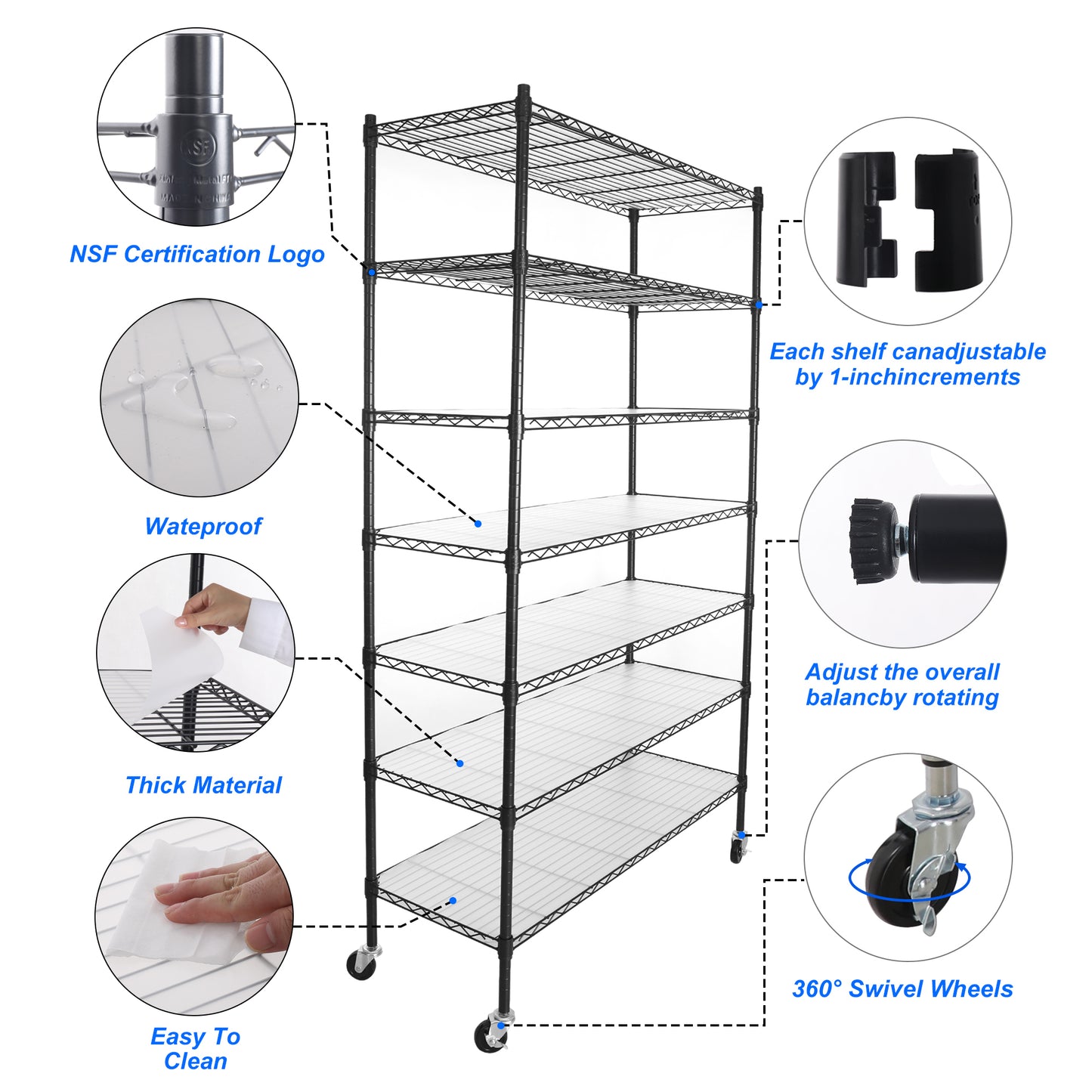 7 Tier Heavy Duty Wire Shelving Unit 2450 LBS Capacity Adjustable Metal Garage Storage Shelves with Wheels Black