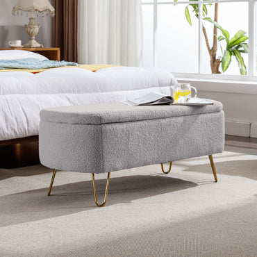 Grey Storage Ottoman Bench for End of Bed with Gold Legs Modern Faux Fur Upholstered Padded Entryway Bench for Living Room Bedroom