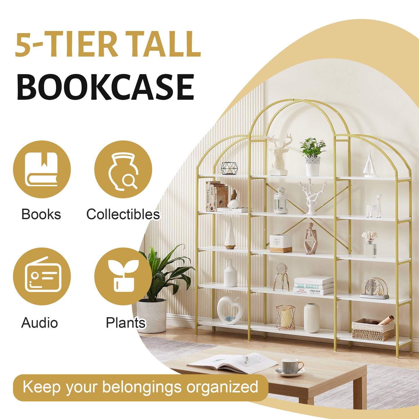 74.8 Inch 5 Tier Office Bookcase Bookshelf Display Shelf Round Top X Bar Gold Frame Modern Home Decor