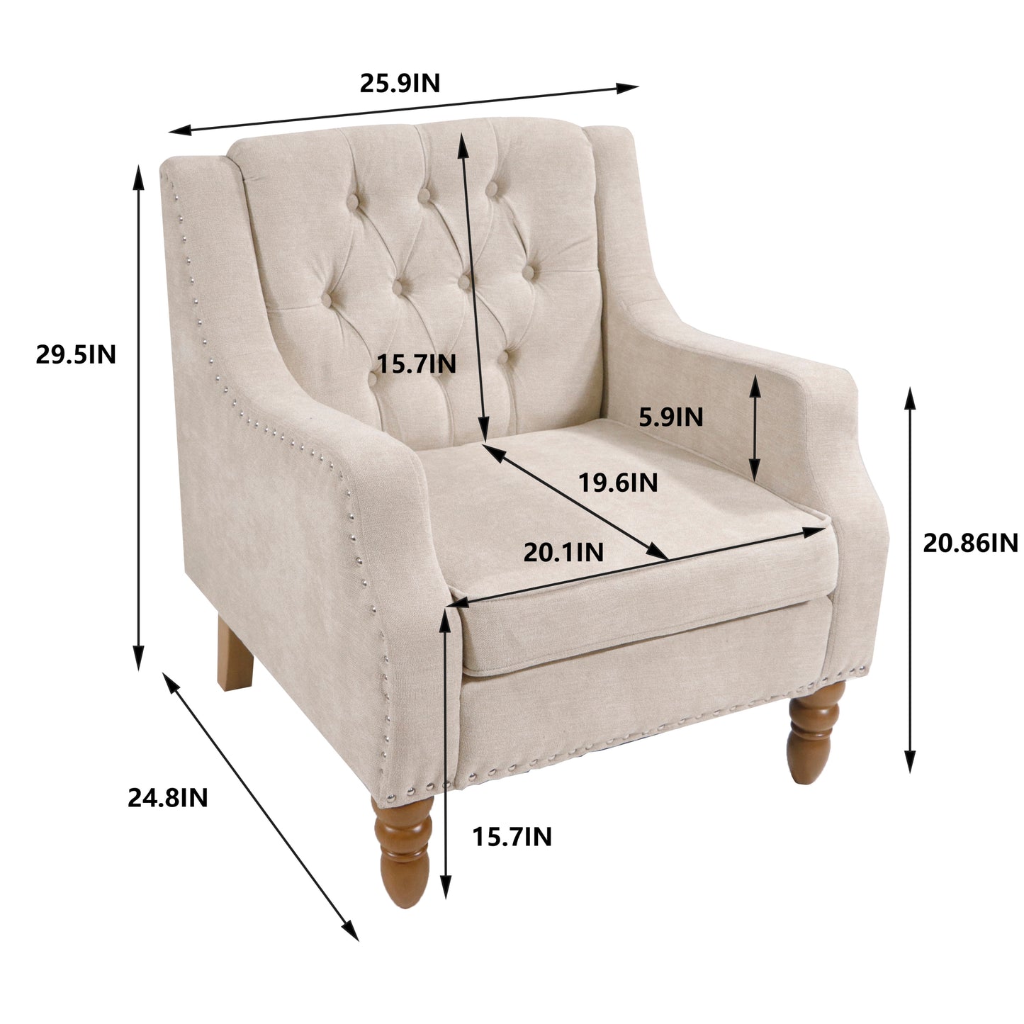 Vintage Brass Studded Accent Chair Set with Footrest Tufted Upholstered Armchair for Living Room Bedroom Reading