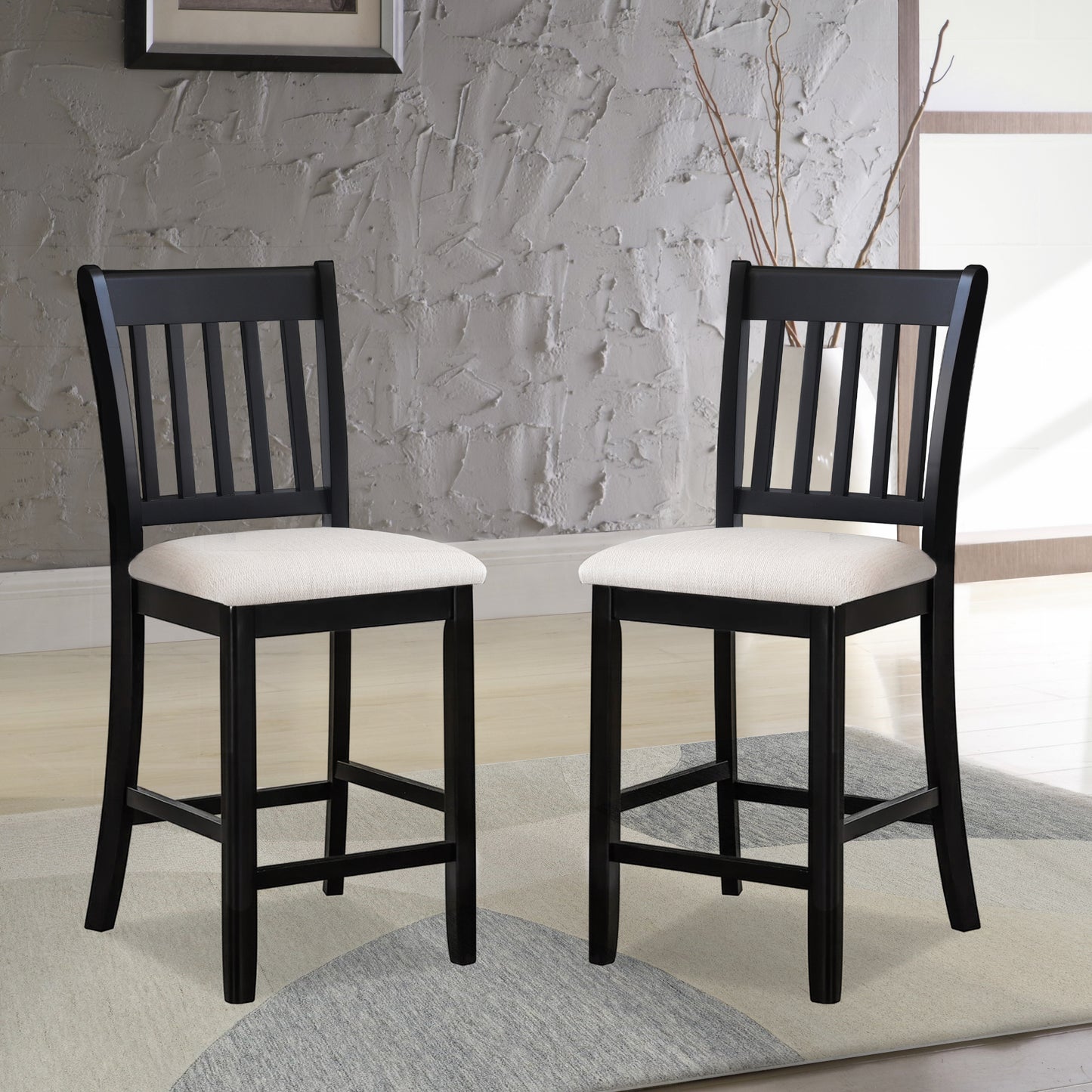 Casual Black Finish Rubberwood Dining Chairs Set of 2 Slatted Back Transitional Counter Seating