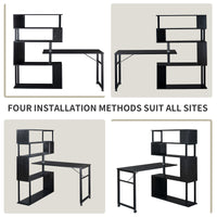 L-Shaped Corner Computer Desk with Rotating Table and 5-Tier Bookshelf, Lockable Casters, Four Installation Methods, Black