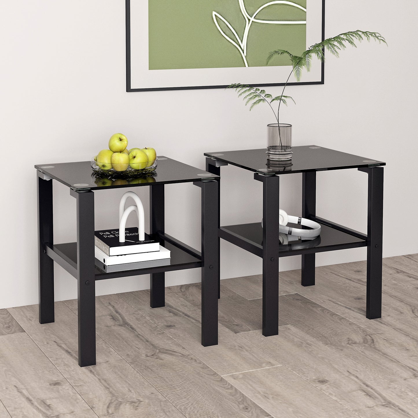 Set of 2 Glass Two Layer Round Tea Table Small Corner Table for Bedroom Living Room Black