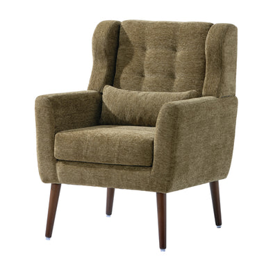 Olive Green Chenille Accent Chair for Living Room Modern Upholstered Armchair with Pillow and Solid Wood Legs