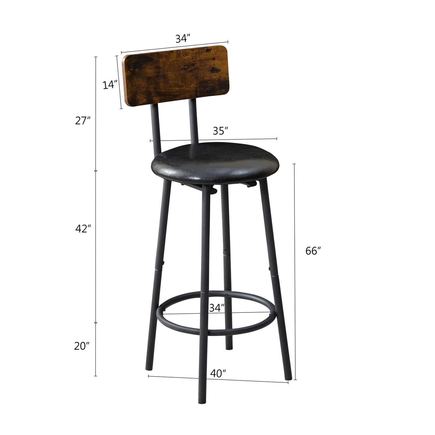 Industrial Style 5-Piece Bar Set with 4 Backrest Chairs and Iron Wood Table for Kitchen Restaurant Bar