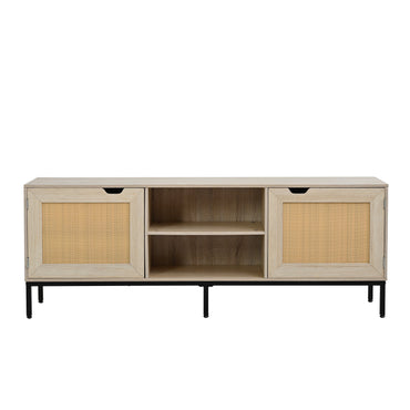 Rustic Rattan TV Stand for 65 Inch TV Modern Entertainment Center with 2 Rattan Doors for Living Room Bedroom