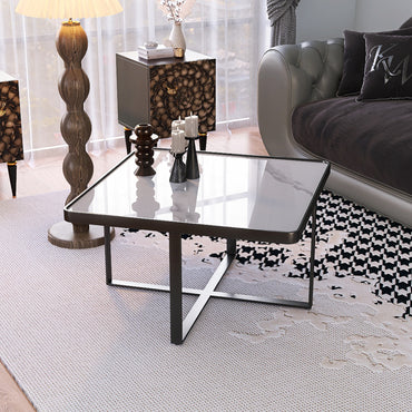Minimalist Square Coffee Table Black Metal Frame Sintered Stone Top Modern Living Room Furniture