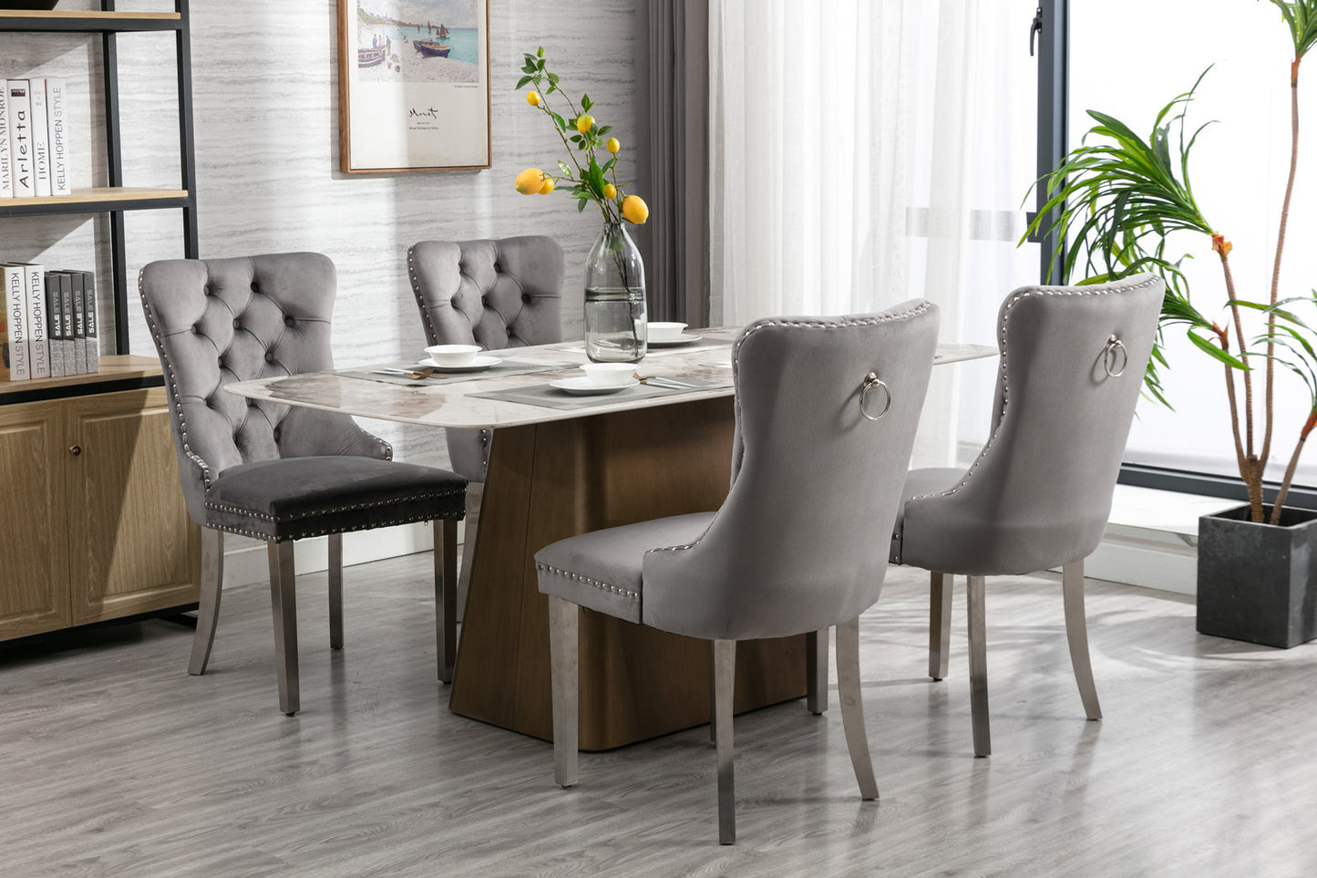 Modern High-end Tufted Solid Wood Velvet Upholstered Dining Chair with Chrome Legs and Nailhead Trim Set of 2 Gray