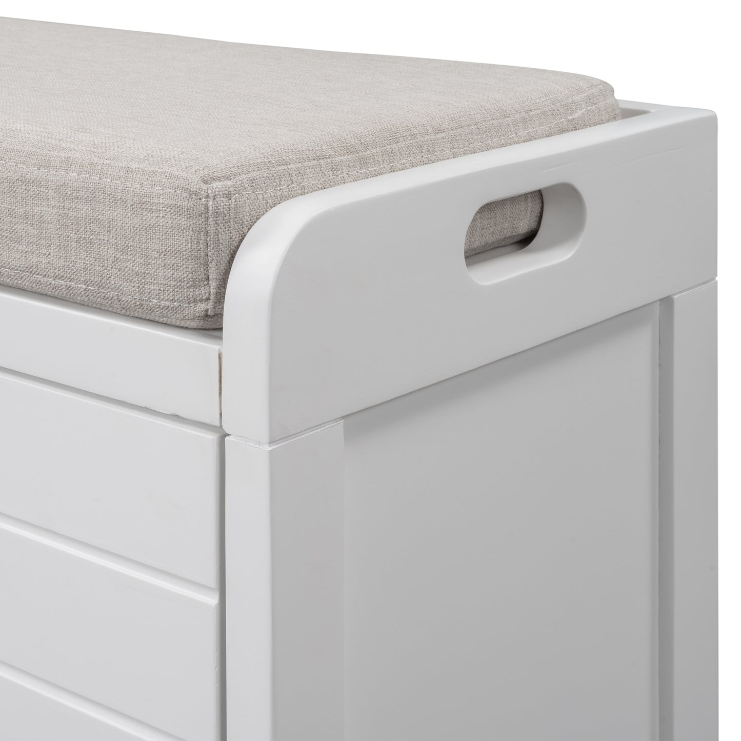 Storage Bench with Removable Cushion and 2 Drawers, Fully Assembled Shoe Organizer with Removable Basket, White