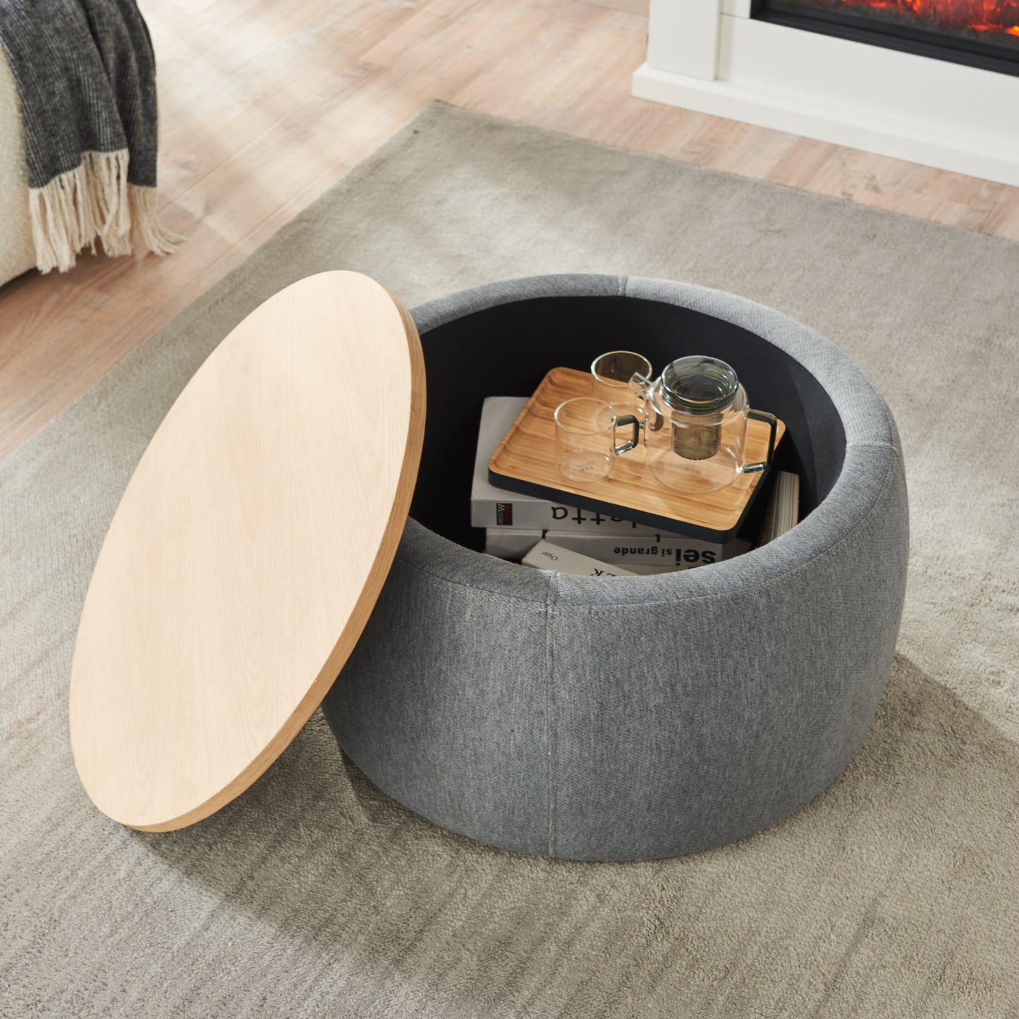 Round Storage Ottoman 2 in 1 Function End Table and Ottoman Dark Grey 25.5x25.5x14.5 Inches