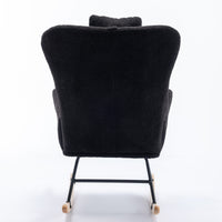 Black 35.5 Inch Soft Teddy Fabric Wingback Rocking Chair with Pocket Solid Wood Base for Nursery Living Room Bedroom