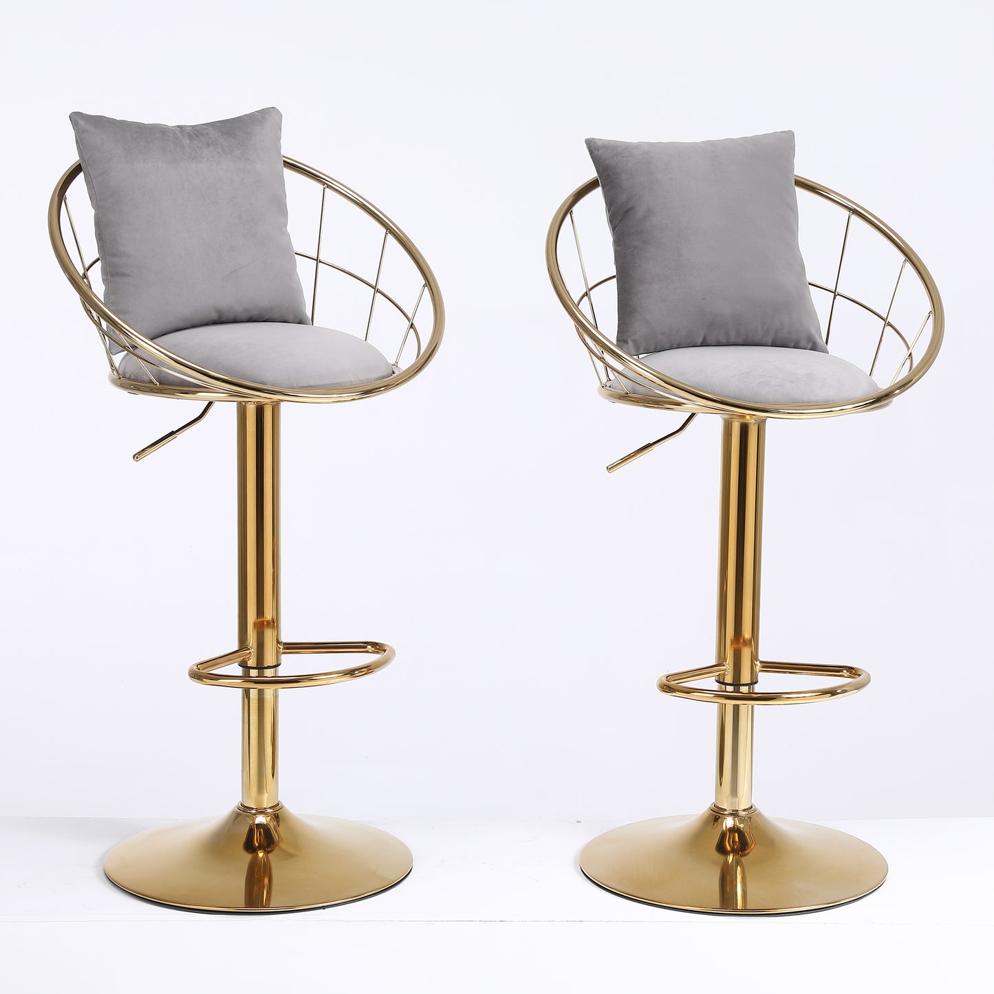 Grey Velvet Bar Chairs Set of 2 Gold Plated Unique Design 360 Degree Rotation Adjustable Height Dining Room and Bar