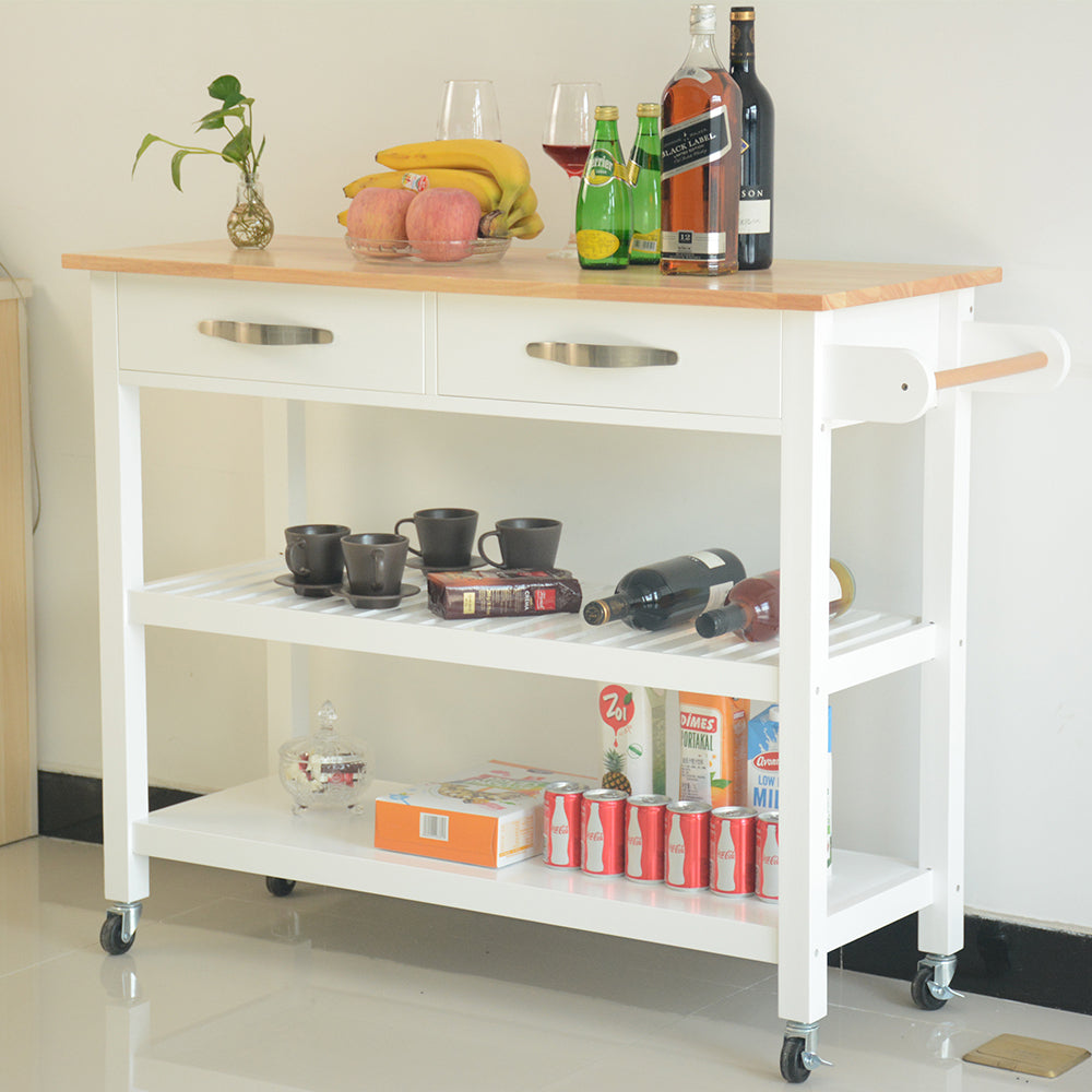 Mobile Kitchen Island with Rubber Wood Top, Lockable Wheels, Simple Design, Two Drawers for Utensil Storage, Easy to Move and Store