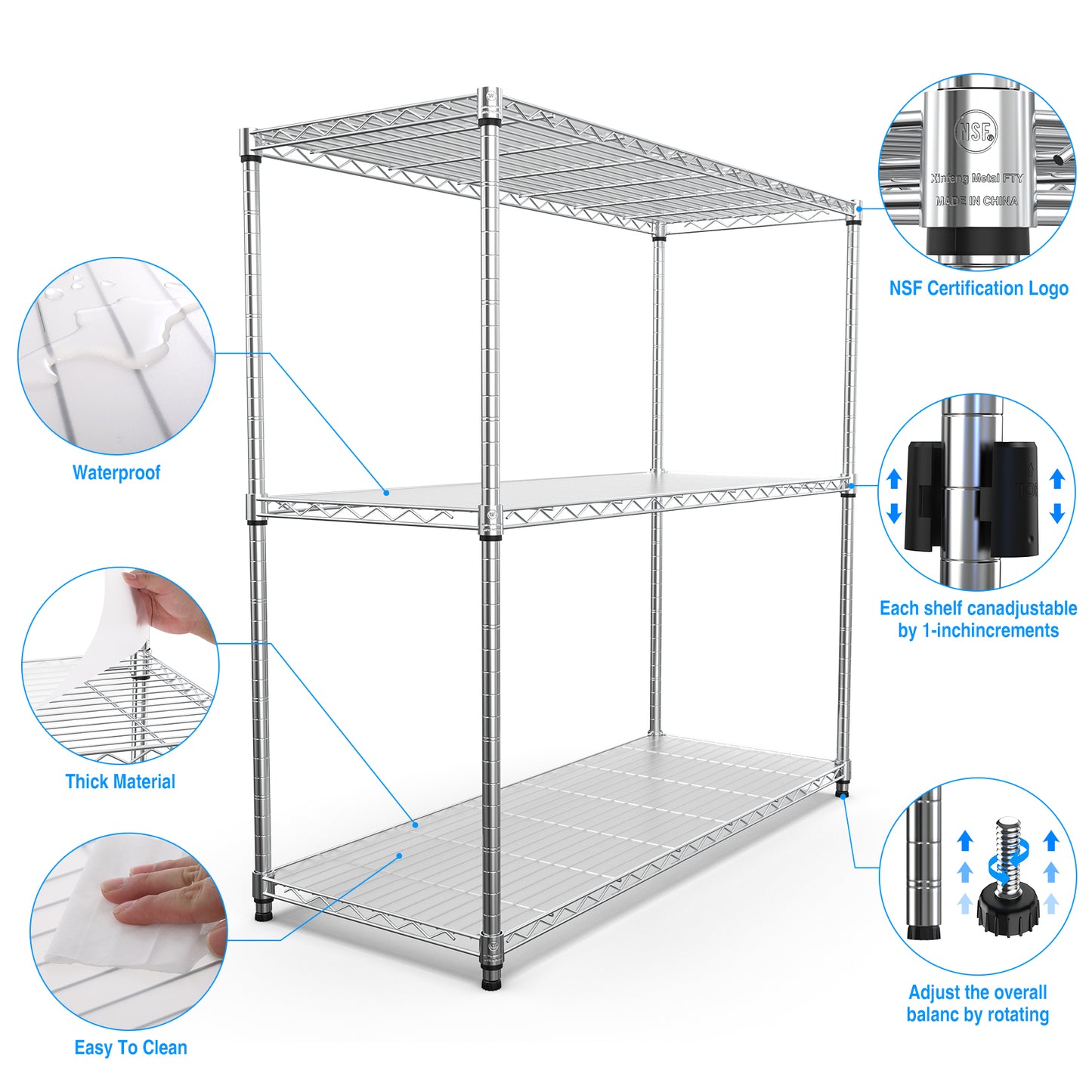 3 Tier Wire Shelving Unit Heavy Duty Adjustable Metal Garage Storage Shelves 1050 LBS Capacity Chrome Finish