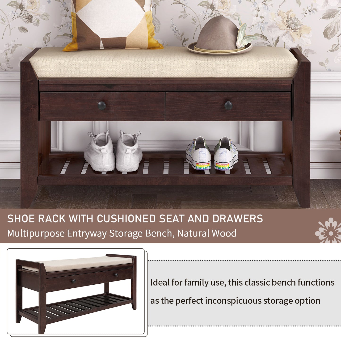 Multipurpose Entryway Storage Bench with Cushioned Seat and Drawers Espresso Shoe Rack for Home Organization