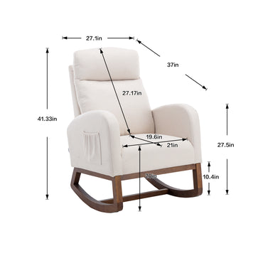 Modern Glider Recliner Armchair with Wood Legs and Side Pocket for Nursery Living Room Bedroom Beige Linen