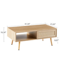 41.34 Inch Rattan Coffee Table with Sliding Door Storage Solid Wood Legs Modern Living Room Furniture Natural Design