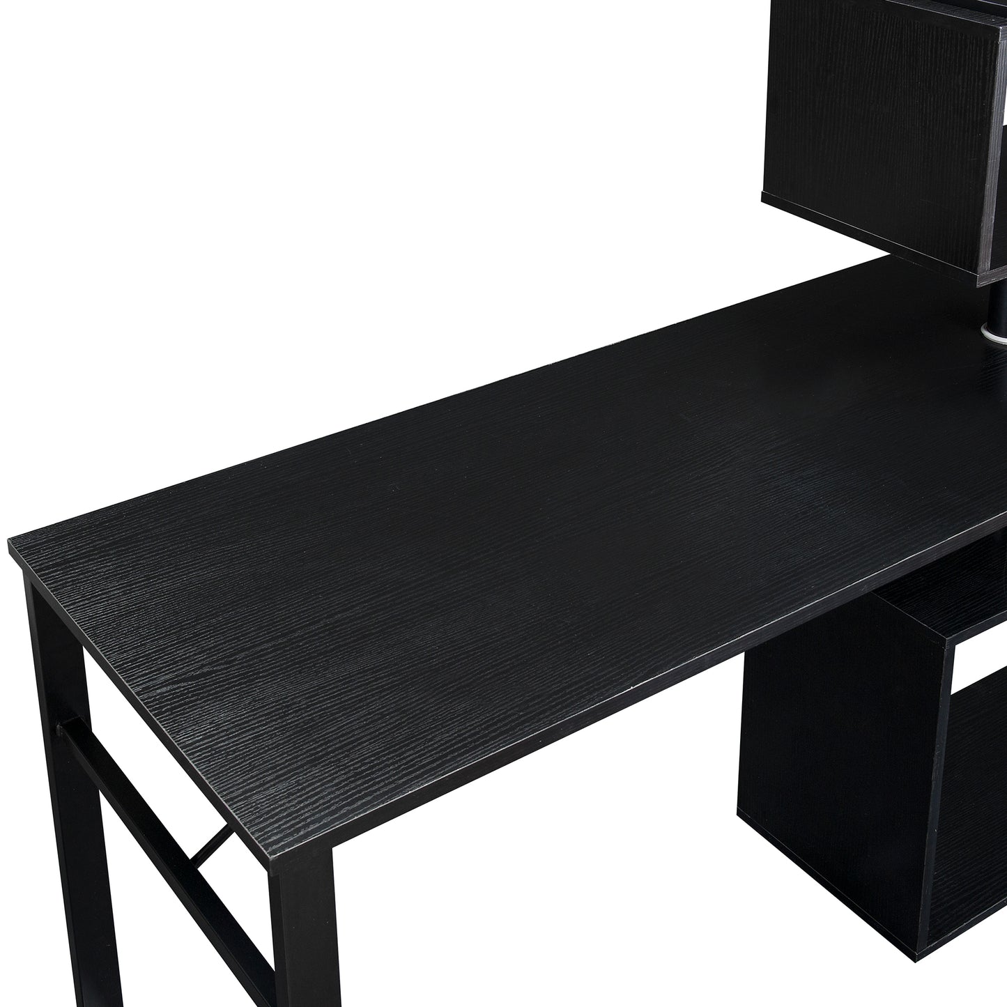 L-Shaped Corner Computer Desk with Rotating Table and 5-Tier Bookshelf, Lockable Casters, Four Installation Methods, Black