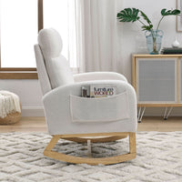 Modern Accent High Backrest Lounge Arm Rocking Chair with Two Side Pockets Teddy White Ivory