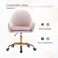 Velvet Home Office Chair with Wheels Adjustable Height Pink Cute Chair with Gold Metal Base for Living Room Bedroom Vanity Room