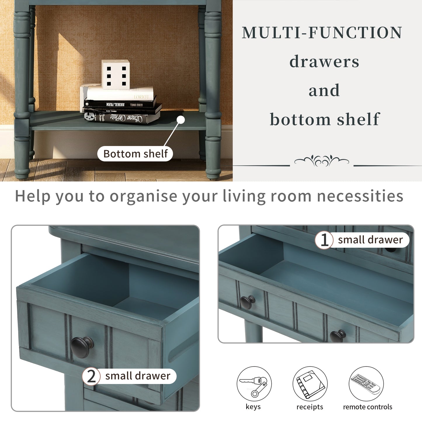 Narrow Console Table with Three Storage Drawers and Bottom Shelf for Living Room Easy Assembly Navy