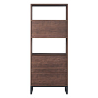 Tall Walnut Finish Open Bookshelf with LED Lights and Storage Drawer for Living Room and Office