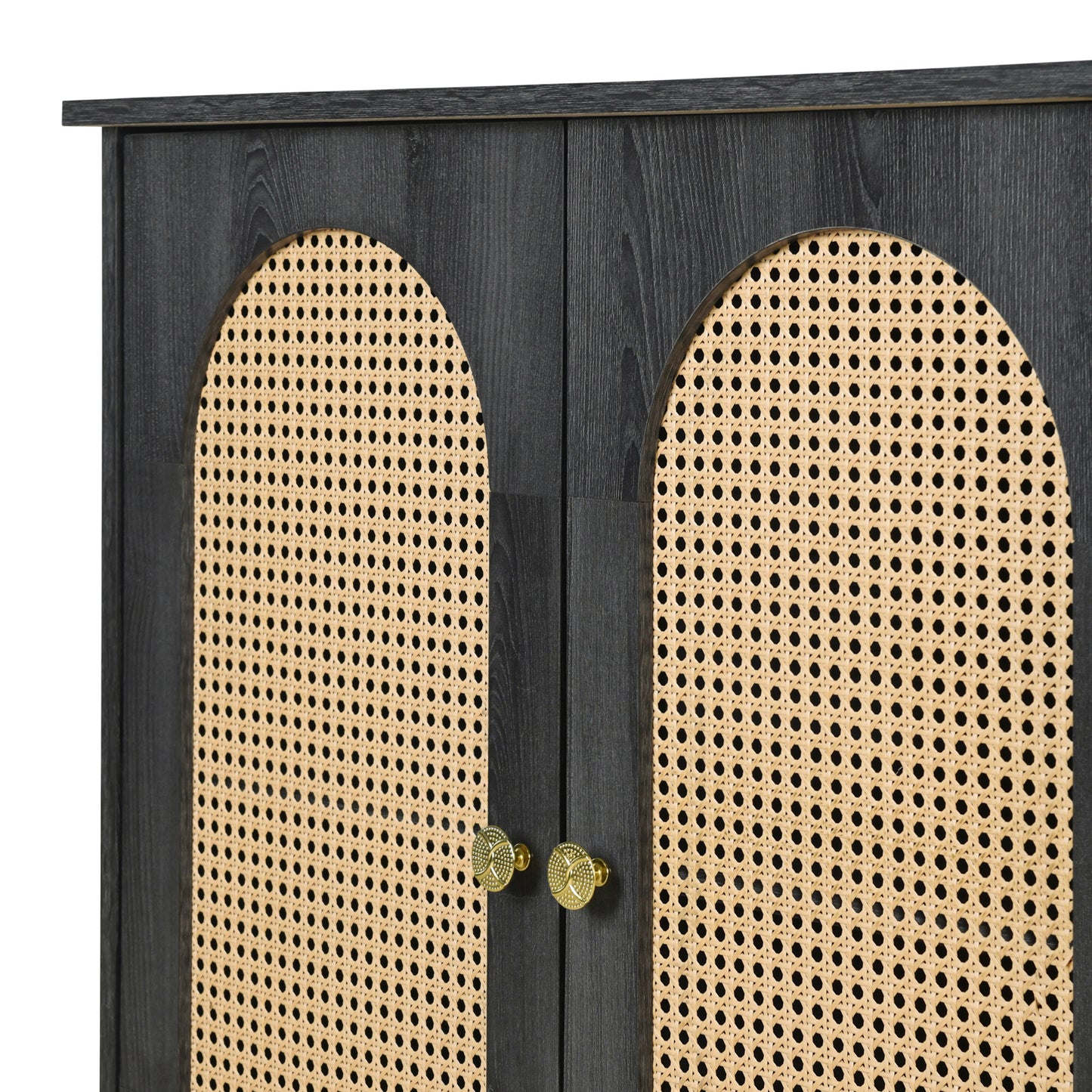 Retro 3-Door Accent Cabinet with Rattan Doors and Metal Handles for Living Room and Hallway Antique Black