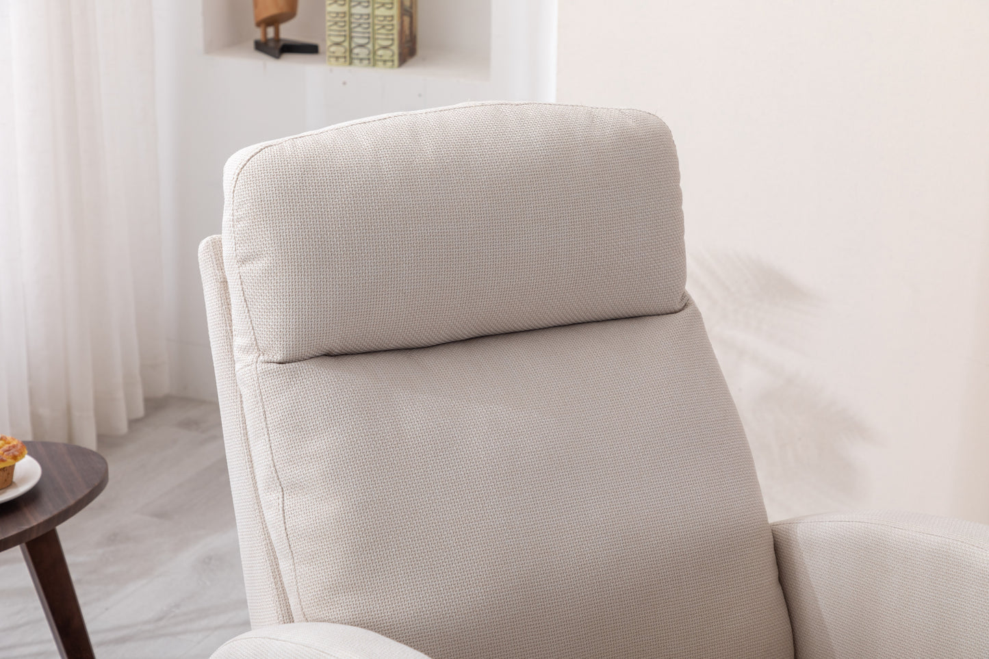 Modern Glider Recliner Armchair with Wood Legs and Side Pocket for Nursery Living Room Bedroom Beige Linen