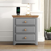 Wooden Nightstand with USB Charging Ports Three Drawers End Table for Bedroom Gray Natural Finish