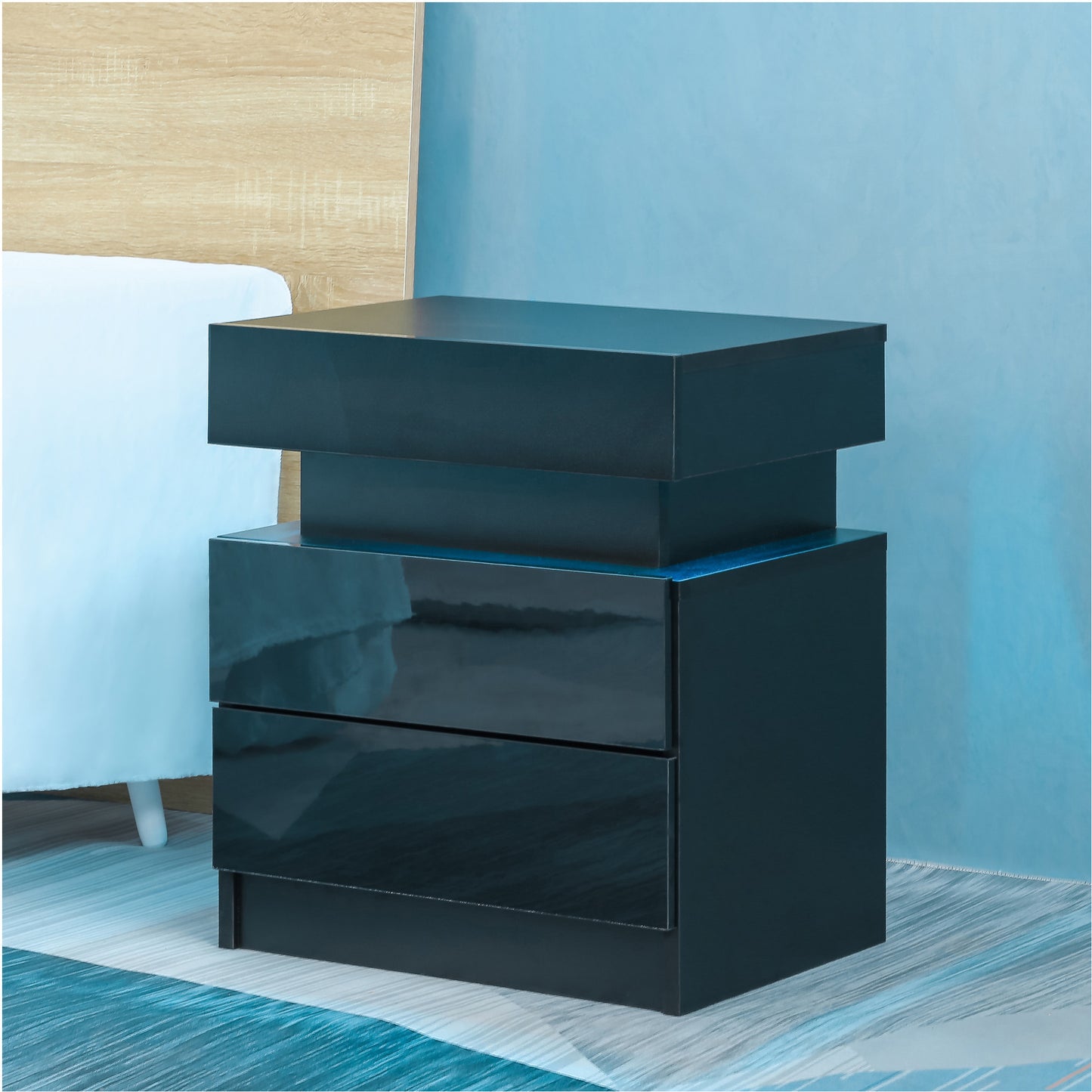 Modern Black LED Nightstand with Glossy Drawers Bedside Table for Bedroom Storage