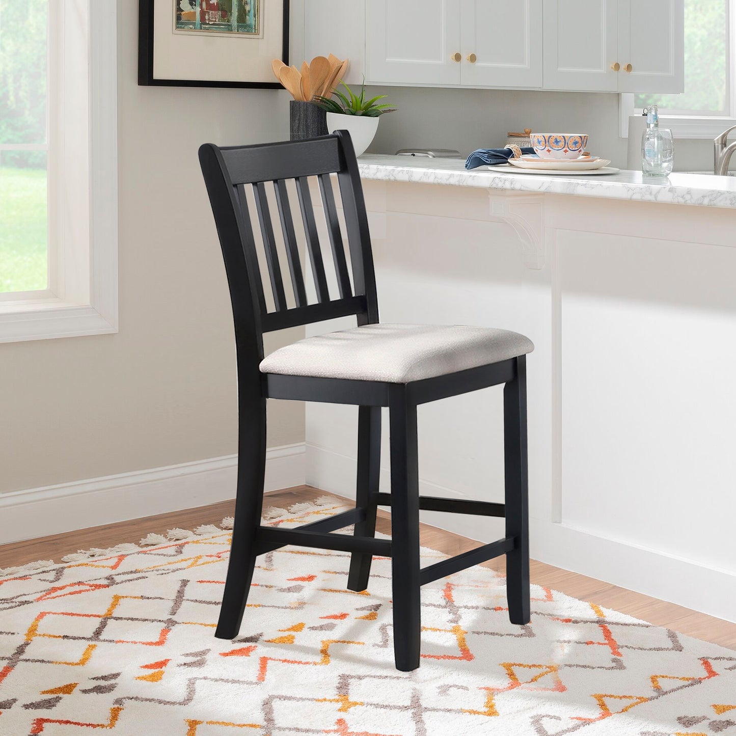 Casual Black Finish Rubberwood Dining Chairs Set of 2 Slatted Back Transitional Counter Seating