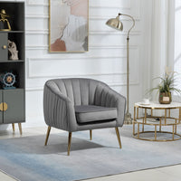 Modern Velvet Accent Chair and Ottoman Set Tufted Barrel Design for Living Room Bedroom Grey with Golden Finish