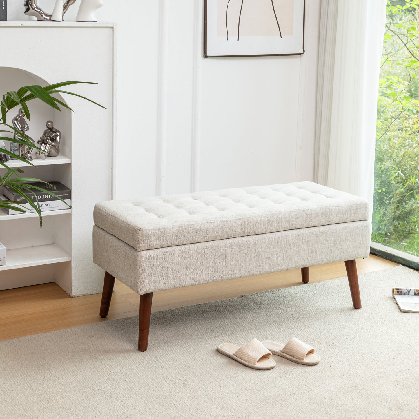 Off White Storage Bench for Bedroom or Entryway 43.7 Inch Ottoman Foot of Bed Seating Solution