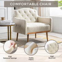 Modern Accent Chair with Arms - Tufted Decorative Fabric Upholstered Armchair, Stylish Gold Metal Legs for Living Room White Teddy