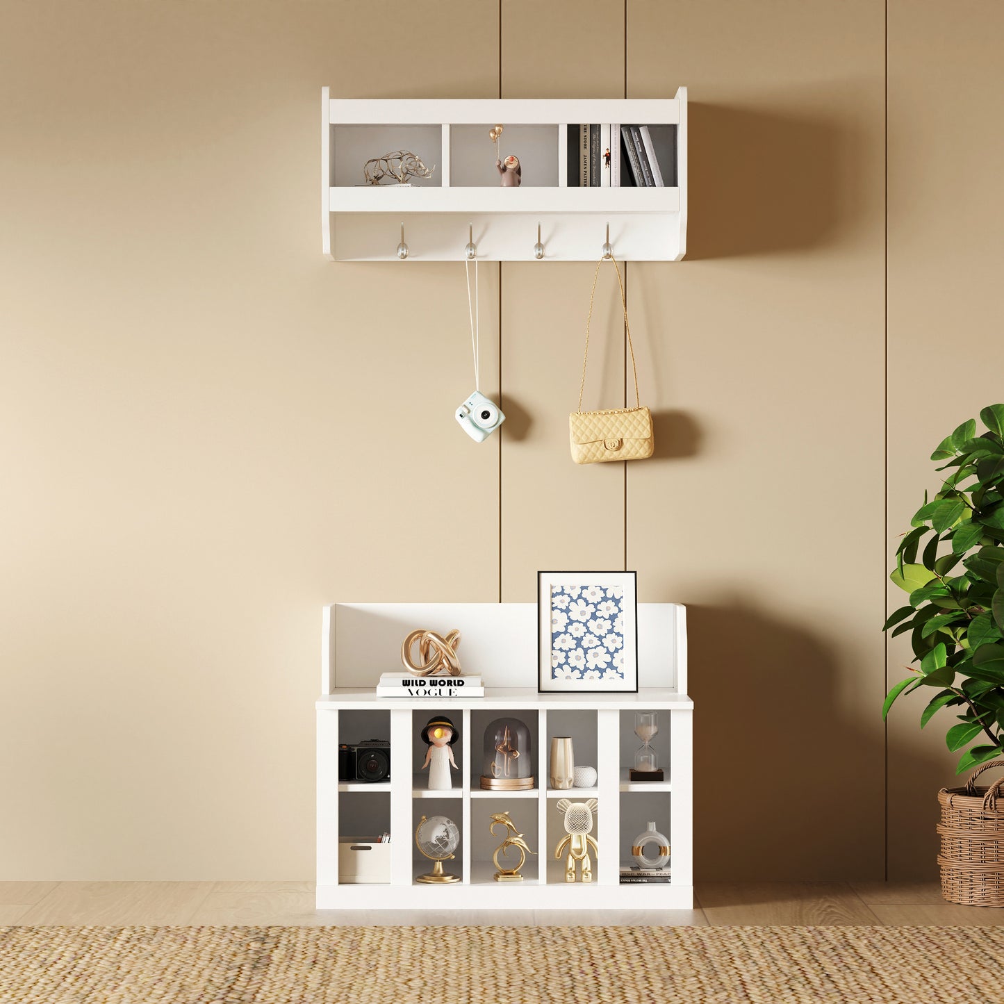 Shoe Storage Bench with Shelves and Hooks Elegant Hall Tree Entryway Organizer for Hallway Foyer Mudroom White