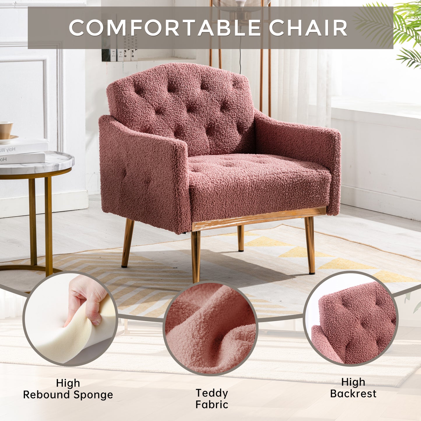 Modern Accent Chair with Arms, Tufted Fabric Armchair, Stylish Upholstered Reading Chair with Gold Metal Legs (Brush Pink Teddy)