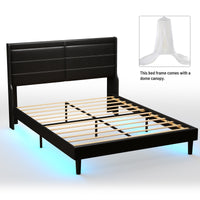 Queen PU Leather Upholstered Bed Frame with LED Lights Wing-Back Headboard Strong Wooden Slats No Box Spring Black